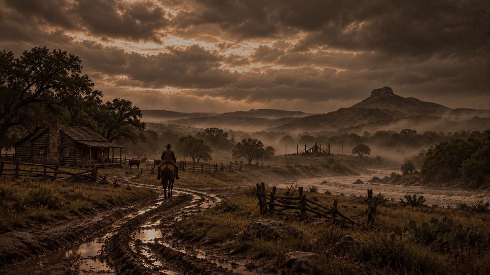 Under heavy cloud, a lone rider on a rutted track past a log homestead, mist over the hills, and a bluff beyond.