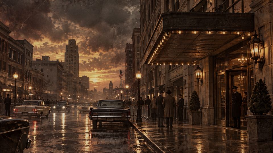A rain-slicked Fort Worth street at dusk in 1963, cars at the curb beneath a lit hotel marquee.