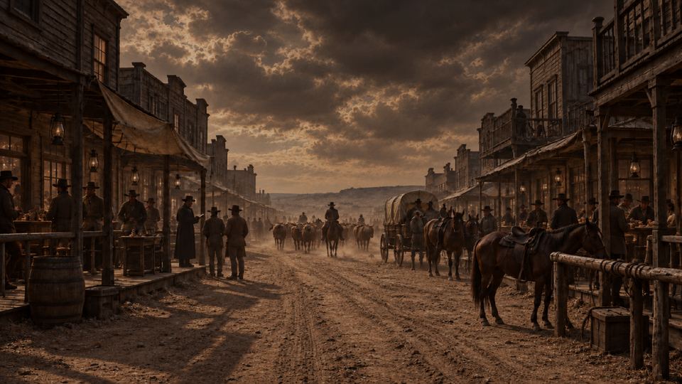 A dry, dusty cattle-town main street under heavy cloud, saloon porches on both sides, and a herd coming up the road.