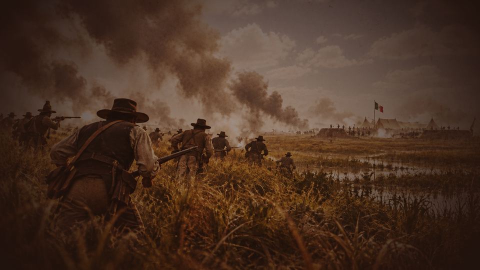 Texian infantry advancing through marsh grass toward a smoke-covered camp, a flag flying above the tents beyond.